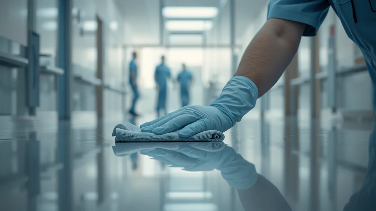 Profissional com luva higienizando corredor de hospital — limpeza hospitalar profissional e produtos saneantes em Belo Horizonte e Minas Gerais